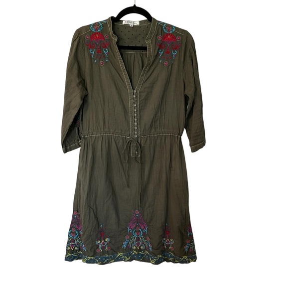 Johnny Was 3J Workshop 3/4 Sleeve Dark Green V-Neck Embroidered Dress Sz S GUC - Picture 1 of 12